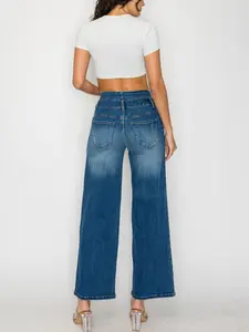 Women's Medium Blue Elastic Waist Jeans Wide Leg Casual Denim High Rise Comfortable Fit for Everyday Wear