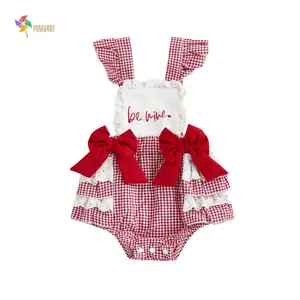 Newborn Valentines Baby Girl Outfit Heart Print Bow Bubble Romper  Jumpsuit Cute Infant Overalls Clothes