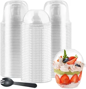 Plastic Dessert Cups 100Pcs 10oz with Dome Lids 50Pcs Disposable Clear Parfait Party Cup No Hole and 50Pcs Sporks Snack Containers Bowls