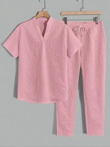 two-piece set men's textured letter embossed  tee & drawstring waist pants, regular fit casual short sleeve notched neck top & elastic waist trousers, men's spring & fall clothes