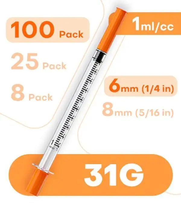 100-Pack 1mL U-100 31G 6mm/8mm Syringes with Needle, Precision Liquid Dispensing Tools | Individually Packed With Clear Scale Markings, Lab & Camping Essentials