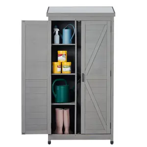 Outdoor Wooden Storage Shed with Metal Top, Tall Vertical Tool Cabinet for Backyard Garden Patio Lawn