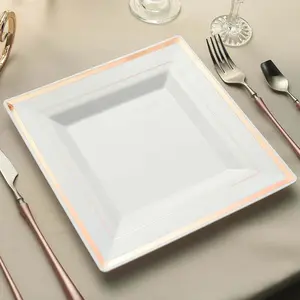 10-Pack Plastic Dinner Plates 10" White Square with Rose Gold Trim - Stylish Disposable Party Plates