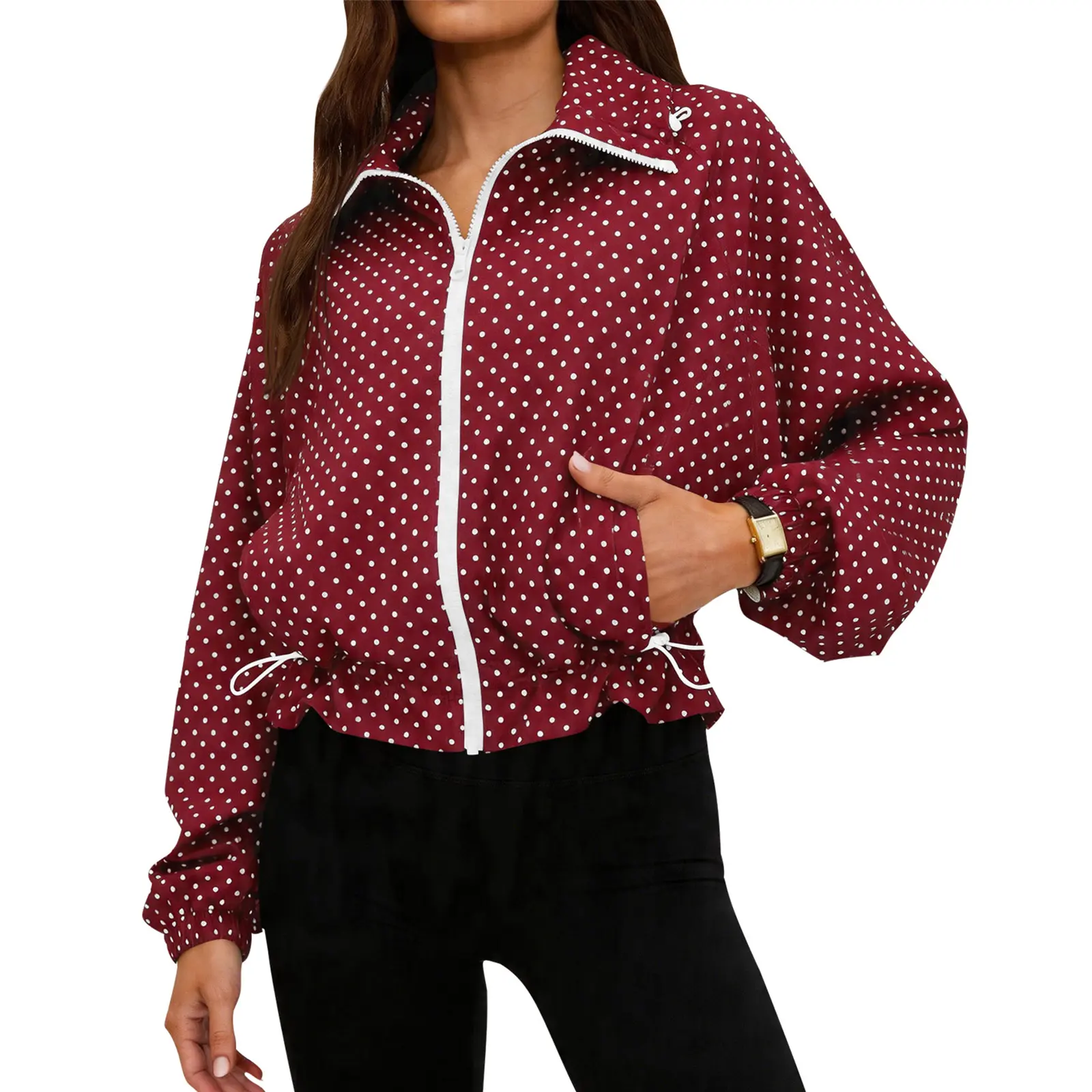 Fisoew Women's Windbreaker Jacket, Retro Polka Dot Cropped Tops, Smooth Lightweight Zip-Up Anorak for Gym with Drawstring Hem, Sweatpants, Coats, Adjustable, Print, Comfortable, Fabrics, Elastic, Solid, Breathable