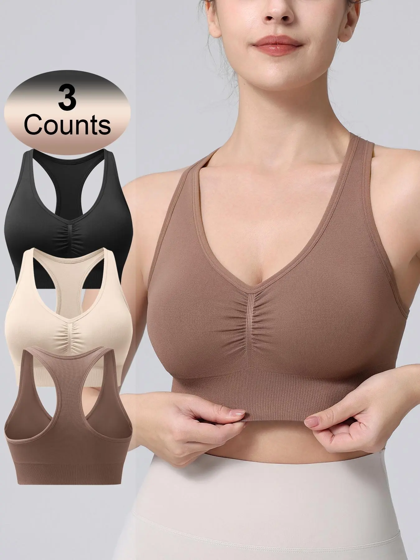 Women's Solid Ruched V-neck Removable Chest Pads Stretch Sports Bra, Comfortable Breathable Racerback Wireless Sports Bra, Ladies Sportswear for Indoor Outdoor Wear, Yoga Bra
