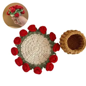 Handme Crochet Rose Coaster Bouquet Yarn Flower Cup Mat Creative for Girls Valentine's Day Decor Aesthetic Handmade Drink Coaster with Optional Flower Basket