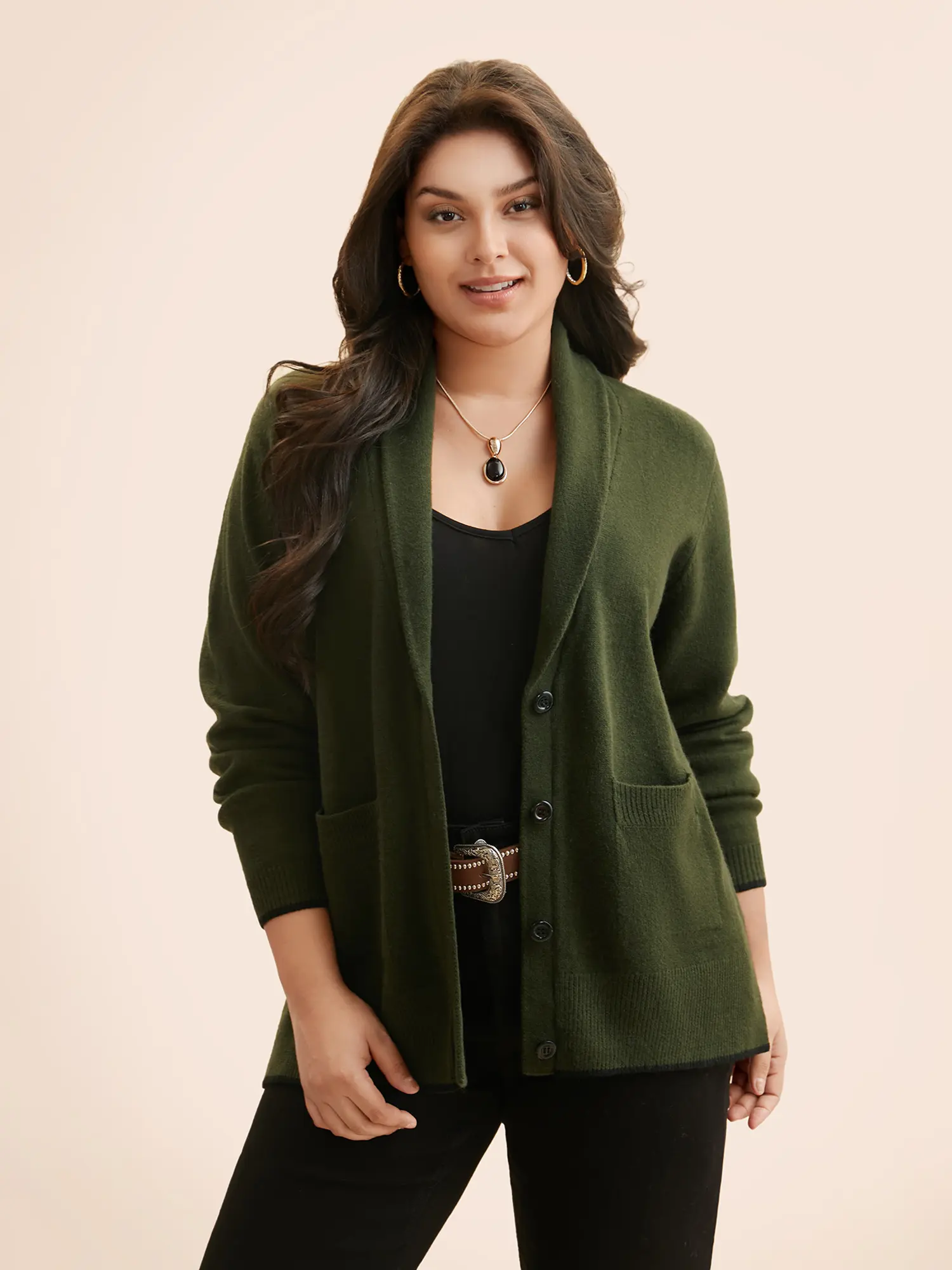 BloomChic Women's Butter-Soft Army Green Solid Shawl Collar Casual Knit Cardigan - Long Sleeves, Easy High Stretch, Loose Fit, Nylon-Polyester Blend Fabric, Pocket, Low Iron, Easy Movement, Button Front Garment for Casual Wear