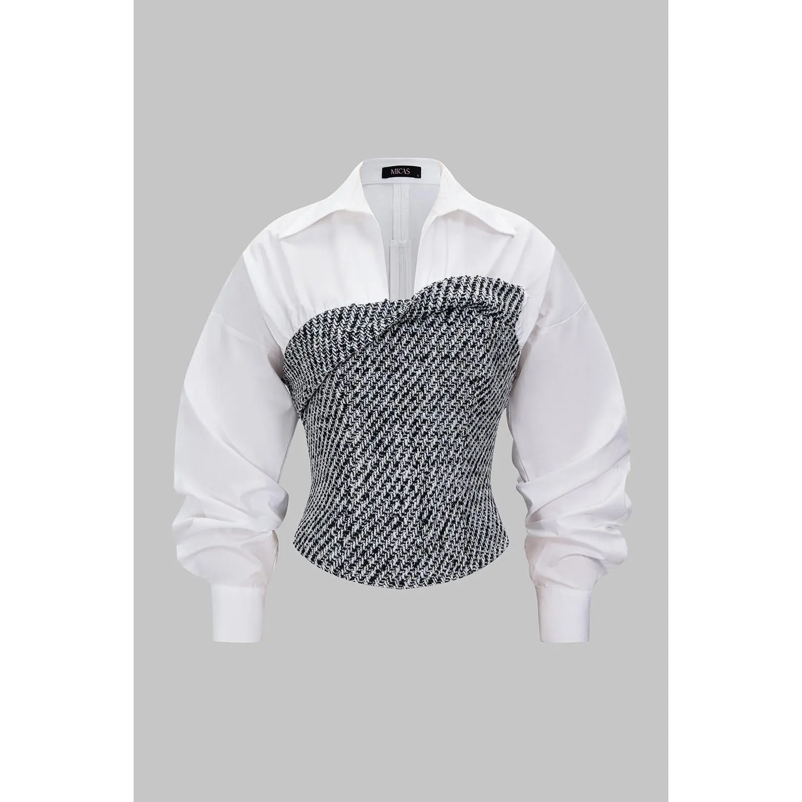 Tweed Patchwork Asymmetrical Gigot Blouse for Office - Fitted Long-Sleeve Wool-Blend Top, Tweed Texture Patchwork Look, 70% Polyester 30% Wool, Workwear, Fall/Winter Layering