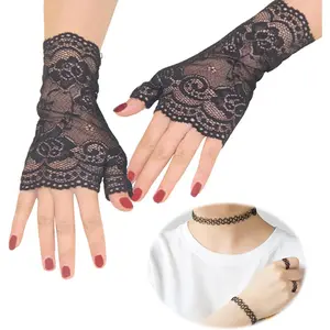 Women's Short Lace Gloves Fingerless for Driving Wedding Wrist Length Bridal Prom Gloves