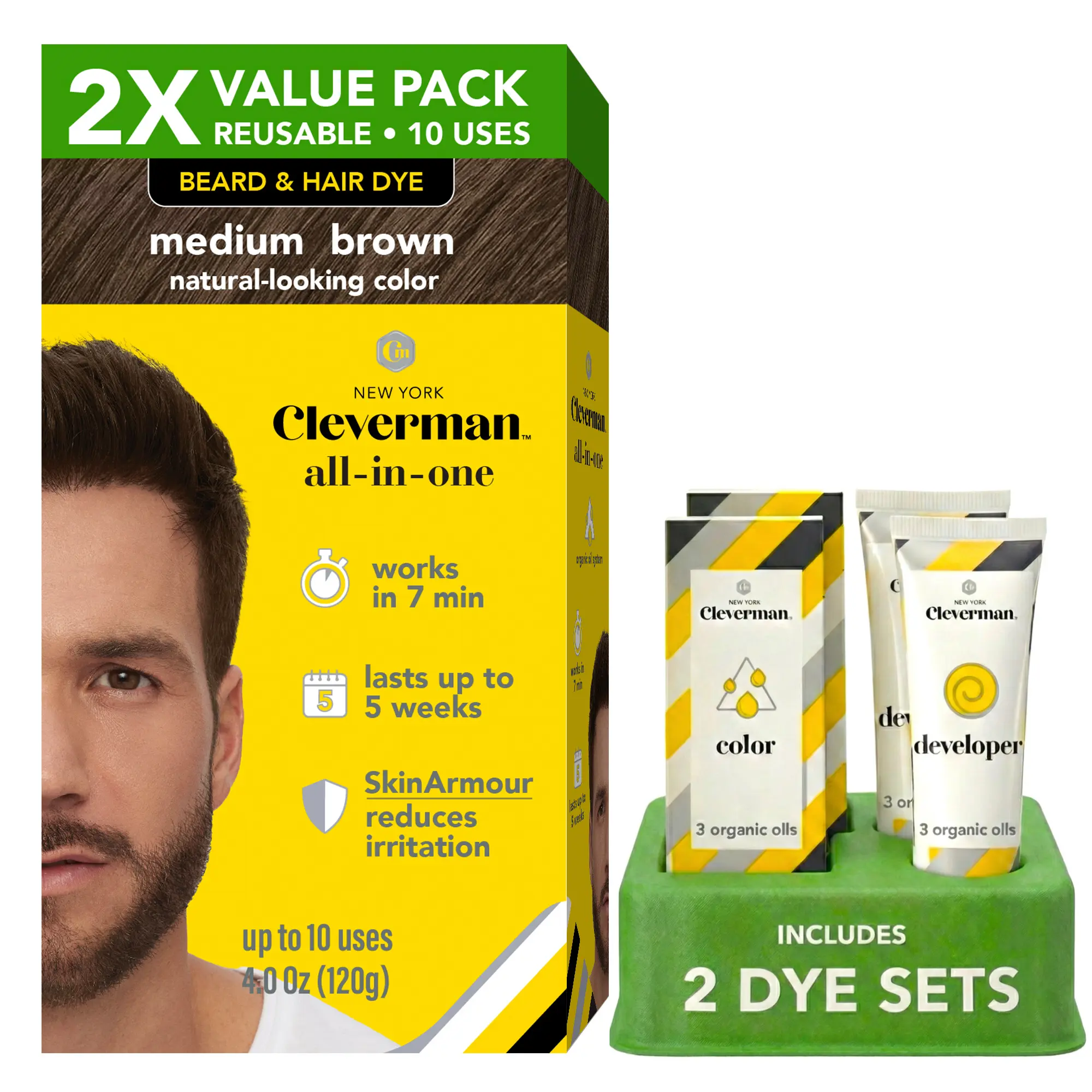 Beard & Hair Dye for Men | All-in-One Kit, 2X Pack – 10 Uses | Gray Coverage in 7 Minutes | Ammonia-Free | CLEVERMAN Haircare Haircare Moisturize Organic
