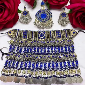 Handmade Blue Afghan Kuchi Jewelry Set Traditional Boho Belt & Earrings with Intricate Beading and Coin Details for Women Rich Blue Stones Antique Gold Metal Jingling Charms