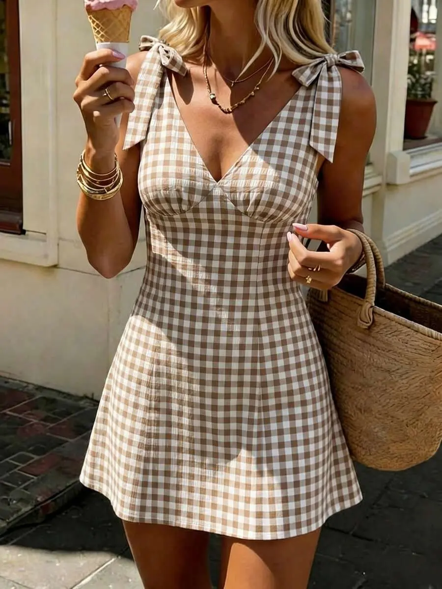 Elamini x Pariaura Women's French Elegance White And Brown Checkered Dress,Summer Fairycore Holiday Vacation Holiday Strapless Bow V-Neck A-Line Mini Mid-Length Dress