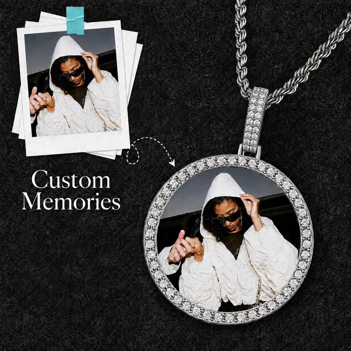 Personalized Oversized Circle Chain Necklace with Big Cubic Zirconia Photo Pendant - Custom Hip-hop Jewelry for Couples, Christmas Gift for Friends Family