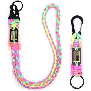 2 count Heavy Duty Braided Paracord Lanyard  with  Flag, Parachute Rope Necklace Keychains, Braided  Lanyard for Outdoor Activities, Camera, , Whistle, Traveling