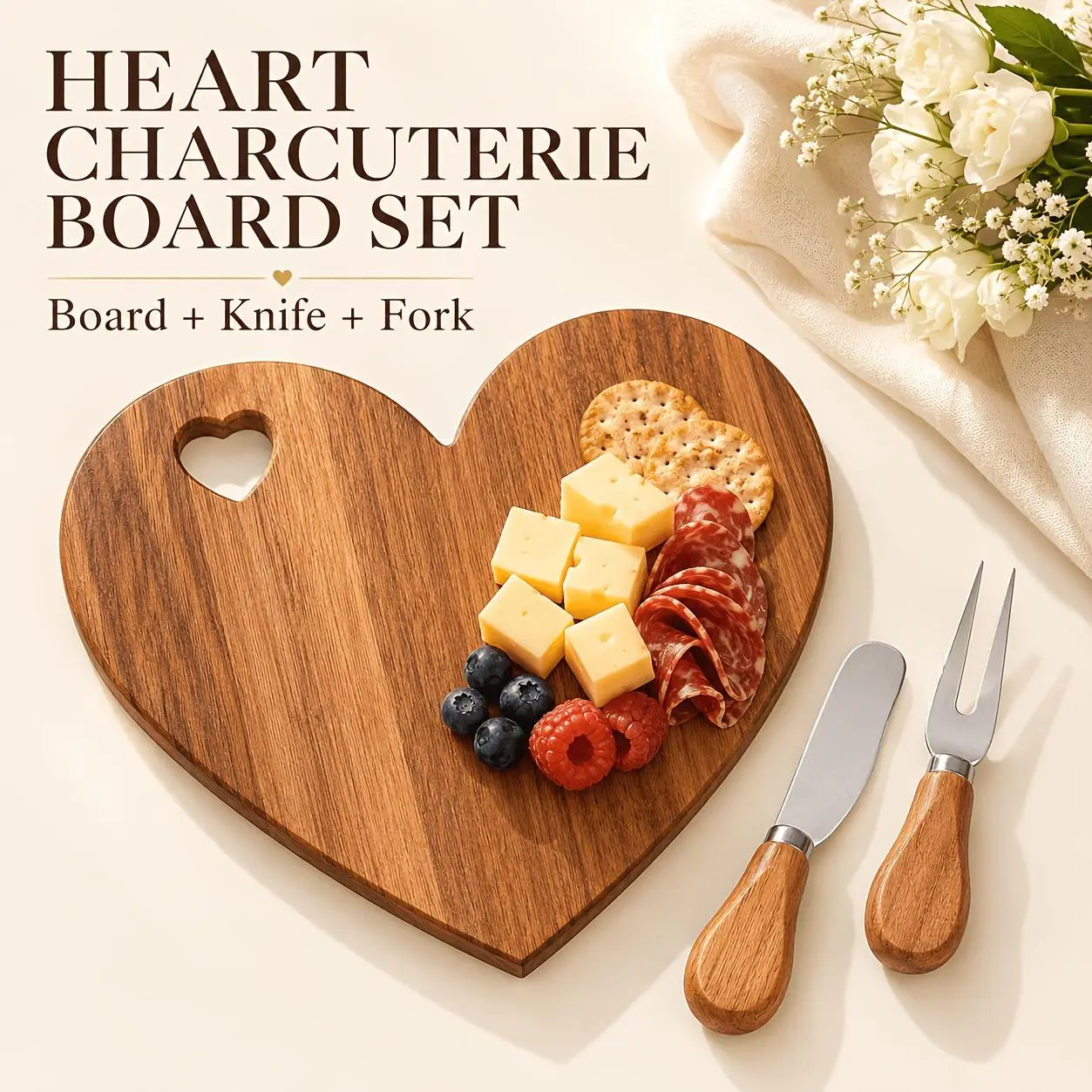 Heart-Shaped Acacia Wood Charcuterie Board with Optional Knife & Fork Set Suitable for Cheese, Fruit, Dessert Serving Tray - Polished Wood Board for Parties, Picnic, Holiday Gift for Christmas, Easter, Valentine' Day