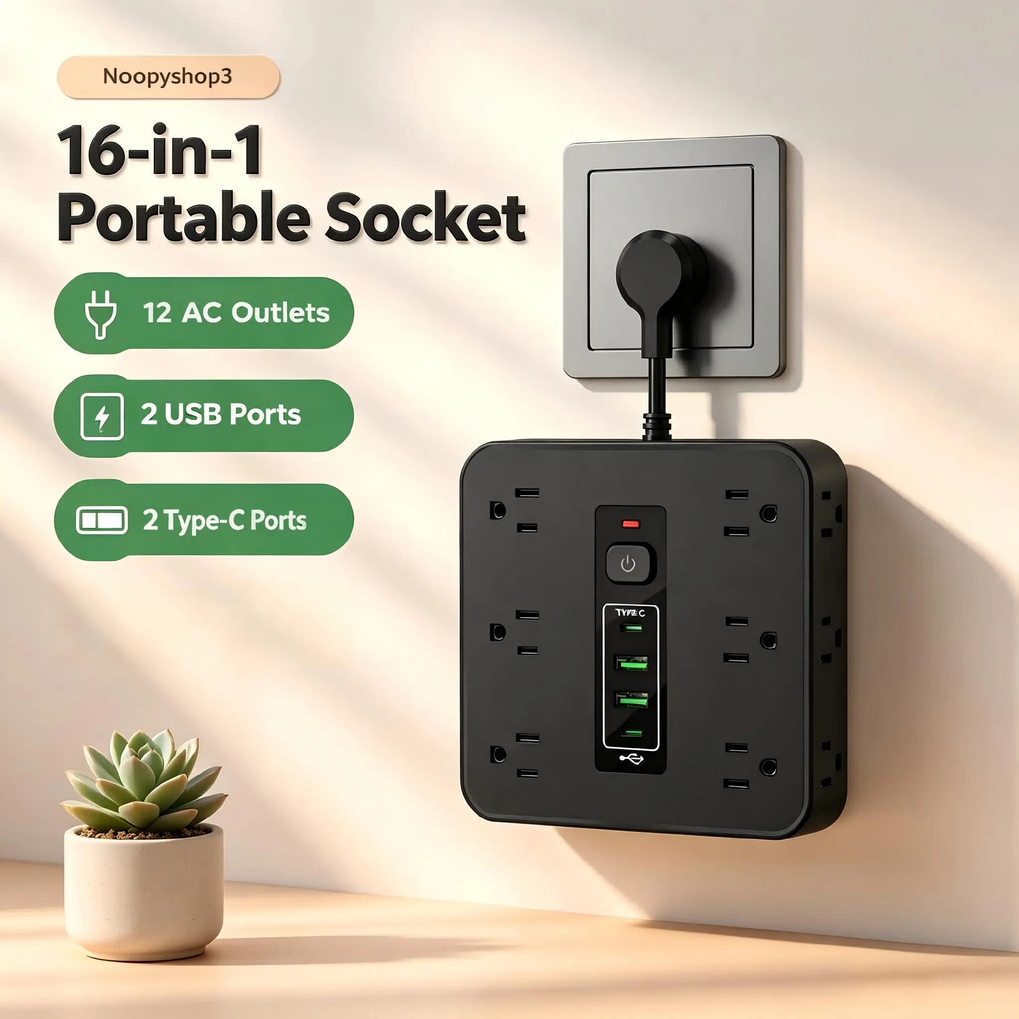 Multi-Plug Outlet Surge Protector Sockets, 12 AC Ports, 2 USB Ports, 2 USB-C Sockets, Wall Mount Extender with Overload Protection, Safe Charging Adapter for Home Office Travel