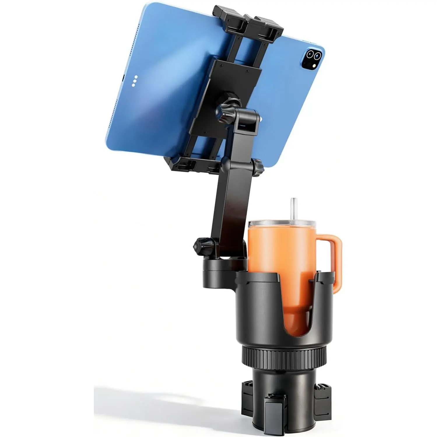 Cup Holder Tablet Mount for Car, Anti-Shake iPad Stand with Drink Holder Fits 5-17" iPad, Tab S10, iPhone, Heavy Duty Truck Vehicle Auto Accessories, Dual Handle Slots Large Mugs
