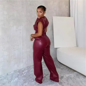 New PU Women's Trousers Sleeveless Leather Jumpsuits Fabric Polyester Womenswear Overalls Style Basic