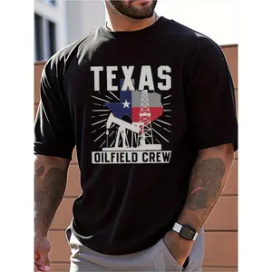 Men's Texas Oilfield Crew Graphic T-Shirt - 100% Cotton Casual Short Sleeve Tee with State Flag & Oil Derrick Print, Regular Fit Workwear for Summer, Machine Washable, Outdoor Clothing, Breathable Fabric