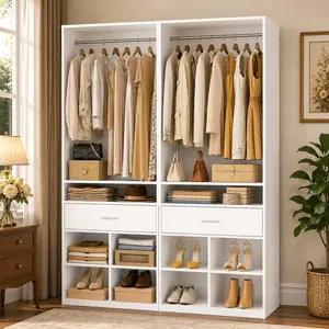 Homieasy 25" W Freestanding Closet System with Wood Drawer & 4 Cubby Storage, 2FT Walk-in Closet Organizer Systerm Warfrobe with Hanging Rod, Easy Assembly Wardrobe Organizer