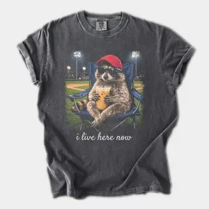 Comfort Colors Raccoon I live Here Now Shirt, Raccoon Drinking Iced Coffee Shirt, Baseball field, Baseball Mama Tee