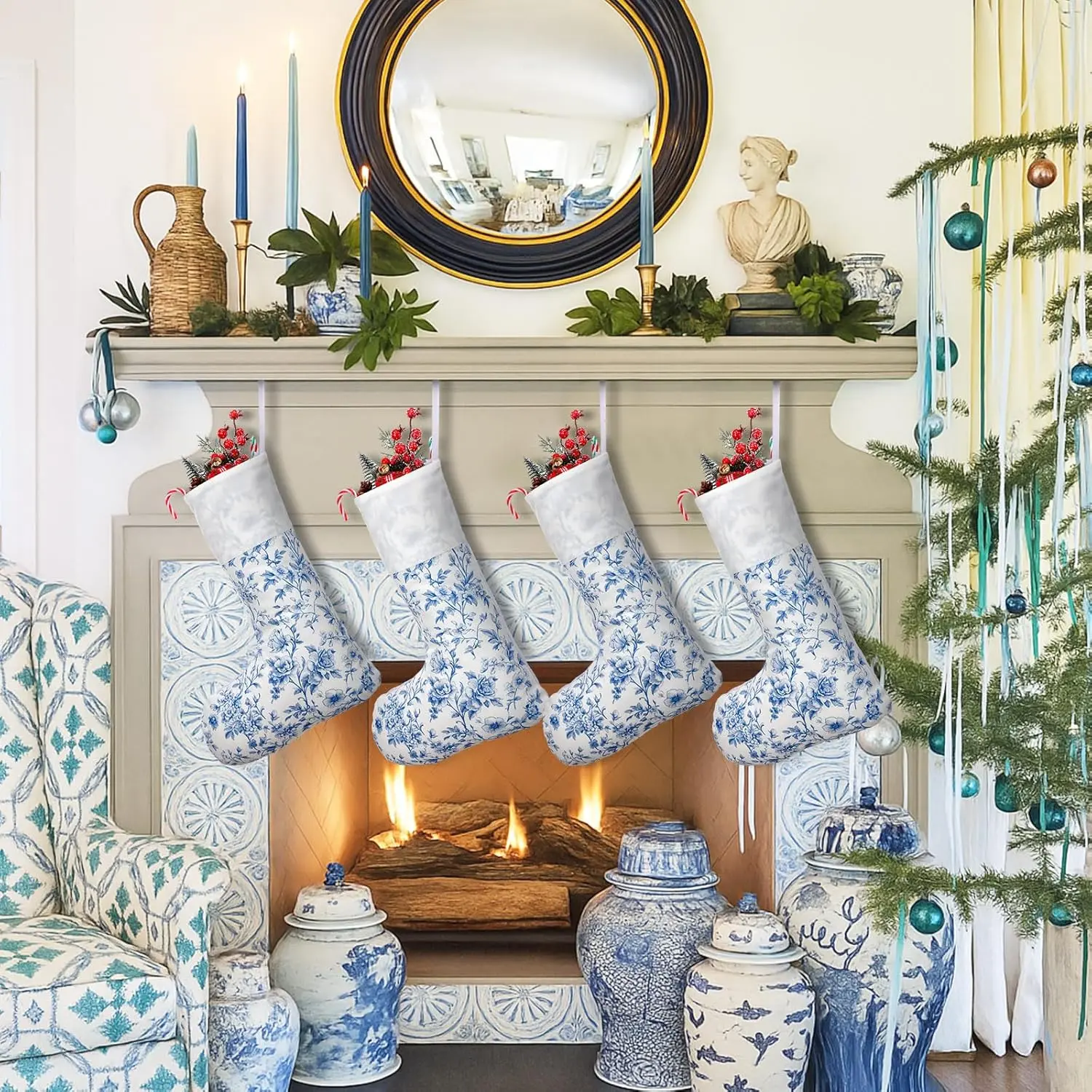 5 Pcs Chinoiserie Christmas Stockings 18 Inches Blue and White Cuff Large Fireplace Hanging Stockings Ornaments for Fireplace Christmas Holiday Party Decoration