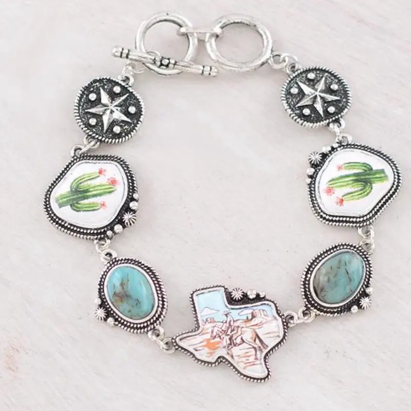 Texas Western Bracelet with Cactus and Turquoise Accents 7.4 to 8 Inches Toggle Closure
