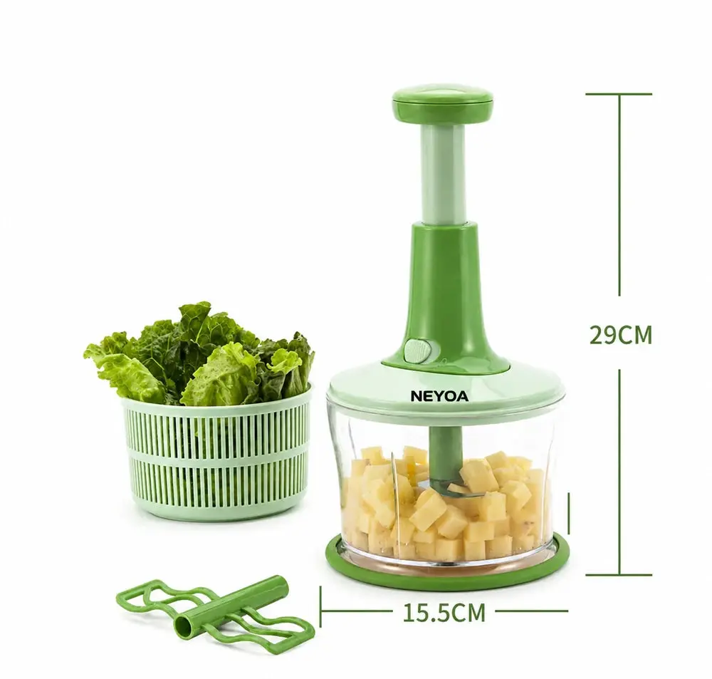 NEYOA Vegetable Chopper & Salad Spinner Manual Food Chopper with Stainless Steel Blades BPA-Free Kitchen Food Processor for Onions Garlic Vegetables Fruits & Meal Prep