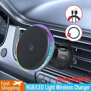 Magnetic Car Wireless Charger with RGB LED Phone Holder Stand Fast Charging Station Qi-Compatible for wireless charging in vehicles
