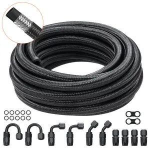 VEVOR 8AN Fuel Line Kit, 20 FT Fuel Hose Kit, 0.43 Nylon Stainless Steel Braided Fuel Line Oil/Gas/Diesel Hose End Fitting Kit, with 12 PCS Swivel Fitting Adapter Kit, Black