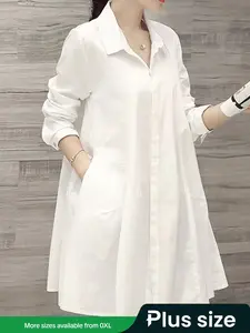 Plus Size Women's Spring Summer Fashion Aesthetic Woven Lapel Shirt, Mid-Length Unique Style Blouse Dress, Loose Fit Casual Top for Ladies