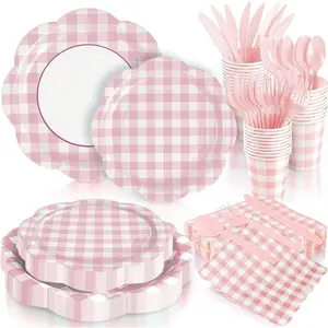 168Pcs Pink Gingham Plates and Napkins Party Supplies, Scalloped Checkered Disposable Mother's Day Paper Plates Set with Napkins Cups Plastic Cutlery for Birthday Wedding Baby Shower Party Supplies