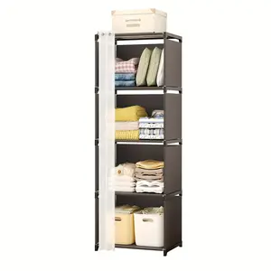 TOMNK Black/White Simple Wardrobe with Four-tier, 15.4*10.9*48.9 Inches, Closet Orqanizers And Storange, Easy-to-assemble Bookshelf, Large Capacity Wardrobe Closet, Free Standing Closet, for Bedroom Living Room Entrance Hall And Kitchen