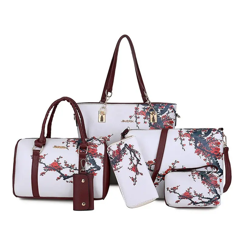 Women's 6-Piece Basic Chic Simple and Exquisite Vintage Chinese Style Flower PU Leather Multi-Use Set - Tote Bag, Card+Wallet+Crossbody, Shoulder Bag with Zip Closure for Casual Wear