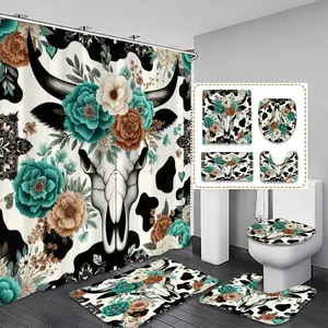Creative Western Bohemian Floral Skull Shower Curtain Set, Bathroom Decoration Accessories, Bathroom Accessory, Waterproof Bathroom Curtains with 12 Hooks, Bath Mat, U-Shaped Toilet Pad, Christmas Gift