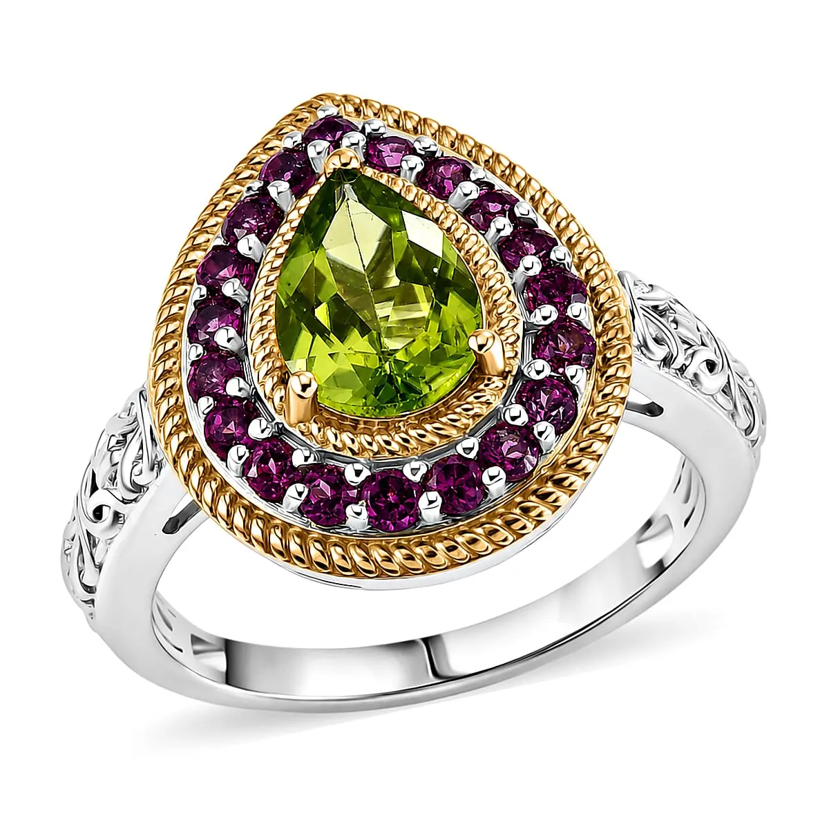 EverTrue Hebei Peridot, Orissa Rhodolite Garnet Ring in 18k YG Plated and Platinum Bond (Size 10.0) 2.90 ctw