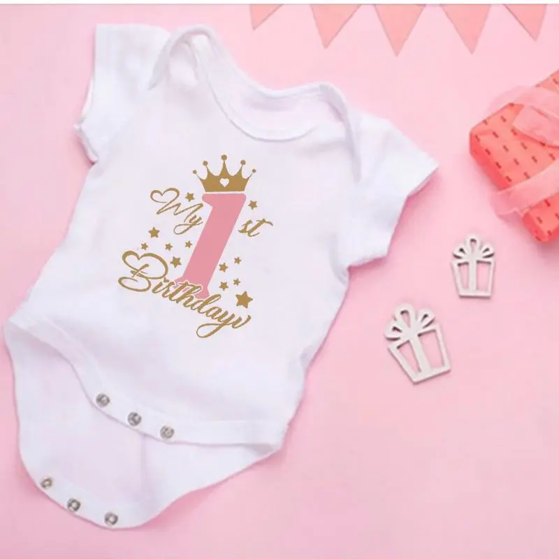 Baby Girl Cotton Fitted Short-Sleeve Romper - 1st Birthday Party Outfit, Buttons Closure, Envelope Neck, Round Design, Machine Washable, Roomy Crotch, All-Seasons Kids' Fashion Clothes for Infants, Snap Buttons