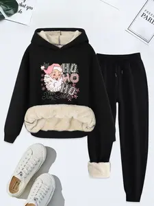 Women's Christmas Cartoon Santa Claus Print Hoodie & Drawstring Waist Pants Thermal Lined  Two-piece Set, Casual Long Sleeve Hooded Sweatshirt & Pocket Trousers for Daily Wear, Ladies Fall & Winter Clothes, Casual Lounge Set