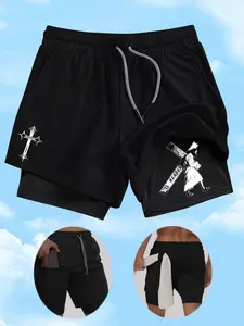 Men's Jesus Cross Print Shorts, Drawstring Waist, Gym Pocket Shorts, Comfortable Casual Fitness Shorts, Suitable for All Seasons
