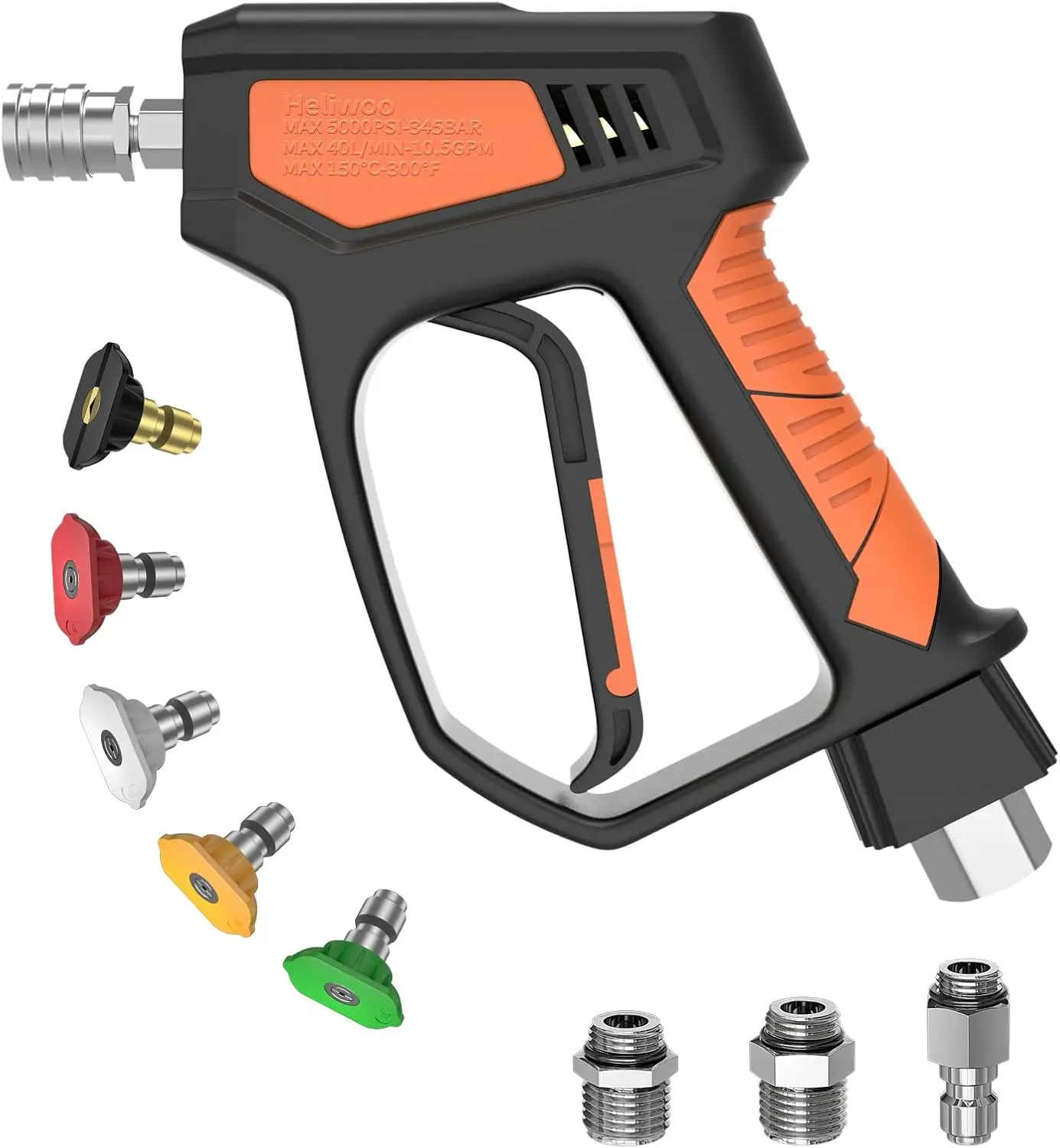 Heliwoo Heavy Duty Portable Nozzle Pressure Washer Gun Tool Kit, 5000 PSI, 3/8" Stainless Steel Swivel Plug, M22-14mm/M22-15mm Fittings, Handle-Equipped Design, 5 Nozzle Tips, Industrial Power Spray Tool for Car Washing, Nozzle Pressure Washers