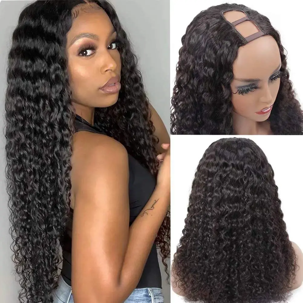 Deep Wave U Part Wig Human Hair for Women 12A Grade Brazilian Virgin Deep Curly U part Wig Human Hair Wigs 150% Density Glueless Full Head Clip in Half Wig U Shape Wig Natural Color