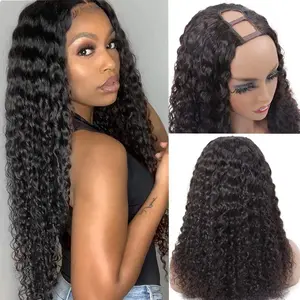 Deep Wave U Part Wig Human Hair for Women 12A Grade Brazilian Virgin Deep Curly U part Wig Human Hair Wigs 150% Density Glueless Full Head Clip in Half Wig U Shape Wig Natural Color
