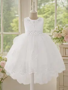 Flower Embroidery Design Princess Dress, Elegant Floral Chiffon Round Neck Dress for Girls, Fashionable Style Suitable for Young Girls