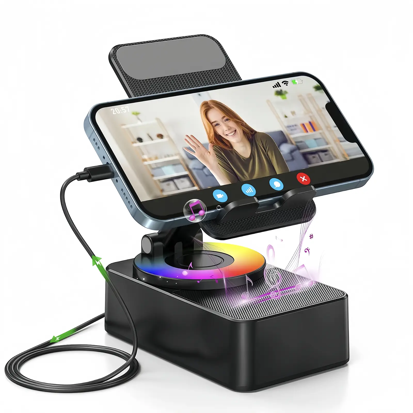 4 in1 Wireless Speaker Cell Phone Stand with Bluetooth & Atmosphere Light/Power Bank, 5.3 HD Surround Subwoofer Sound,300° Rotable Foldable Lift-Non-S