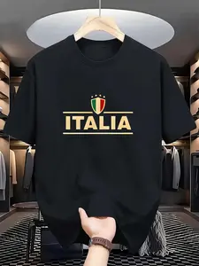 Italia Flag Badge T-Shirt, Italian Vintage Style Short Sleeve, Casual Men's Fashion, Daily Wear, Fitted Design, Random Print