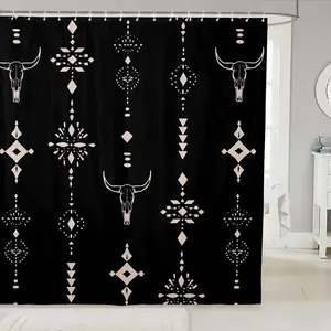 Western Shower Curtain Set, | Southwestern Decor Rustic Bath Curtain, Longhorn Skull Boho Aztec Abstract Geometric Bohemian Bathroom Accessories,Black