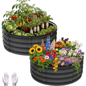 Garvee Round Galvanized Raised Garden Bed, 2-Pack, Outdoor Planter with Gloves & Rubber Edge Trim, for Vegetables, Flowers & Herbs, 2x2x1 ft, Dark Grey