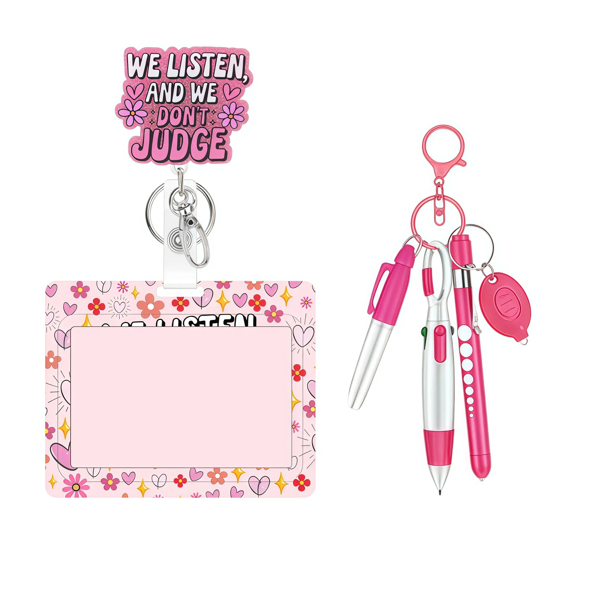 Cute Nurse ID Badge Holder Set with Pen Kit, Name Tag Clip & Lobster Clasp Design, 360° Rotating Stretch Clips for Nurses Volunteers Office Staff, Flower Pattern, Plastic Id Badge Holder