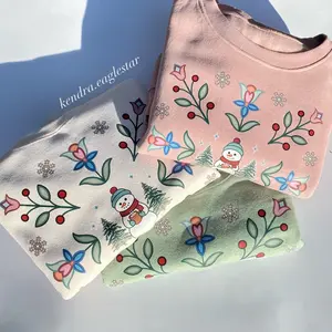 Cozy Winter Crewneck Sweater with Frosted Florals and Snowman Design