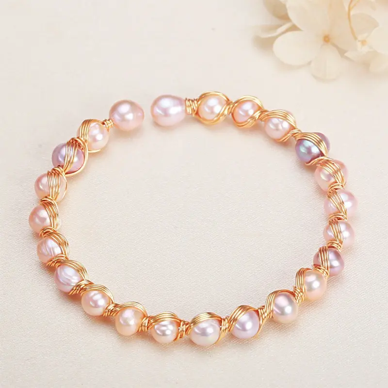 Mixed Color Fresh Water Pearl Bangle – Open Adjustable Design, Fits Small to Medium Wrist, Approx. 7mm